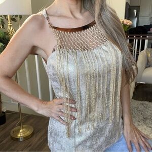 Flaxons Gold Foil Jacquard Metallic Halter Fringe Party Top Shirt Holiday Xmas L